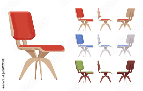 Solid wood swivel chair furniture big set in bright vivid colors. Computer, study, leisure room, balcony, bar, coffee shop interior. Vector flat style cartoon home, office isolated, white background