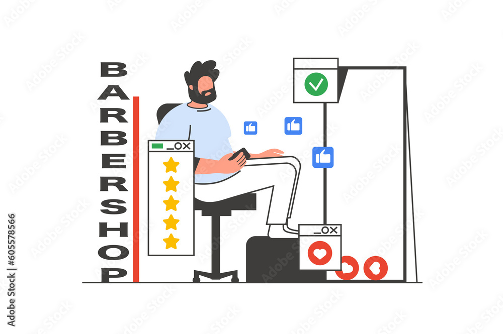 Barbershop outline web concept with character scene. Man gets haircut, styling, beard grooming at salon. People situation in flat line design. Illustration for social media marketing material.