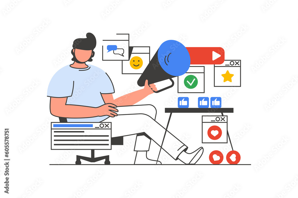 Digital marketing outline web concept with character scene. Man with megaphone promoting business online. People situation in flat line design. Illustration for social media marketing material.