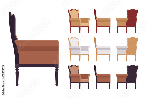 Armchair, soft wing chair, wingback furniture big set, natural brown colors. Club tea meeting, living room, cafe, hotel decoration. Vector flat style cartoon home, office isolated, white background