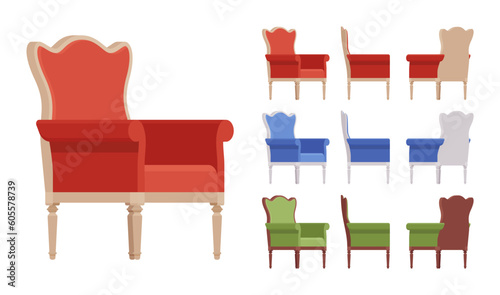 Armchair, soft wing chair, wingback furniture big set, bright vivid colors. Club tea meeting, living room, hotel accent decoration. Vector flat style cartoon home, office isolated, white background