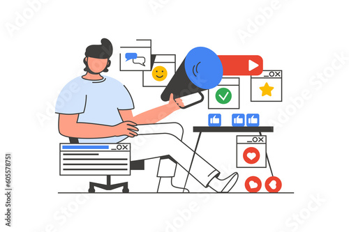 Digital marketing outline web concept with character scene. Man with megaphone promoting business online. People situation in flat line design. Illustration for social media marketing material. © alexdndz