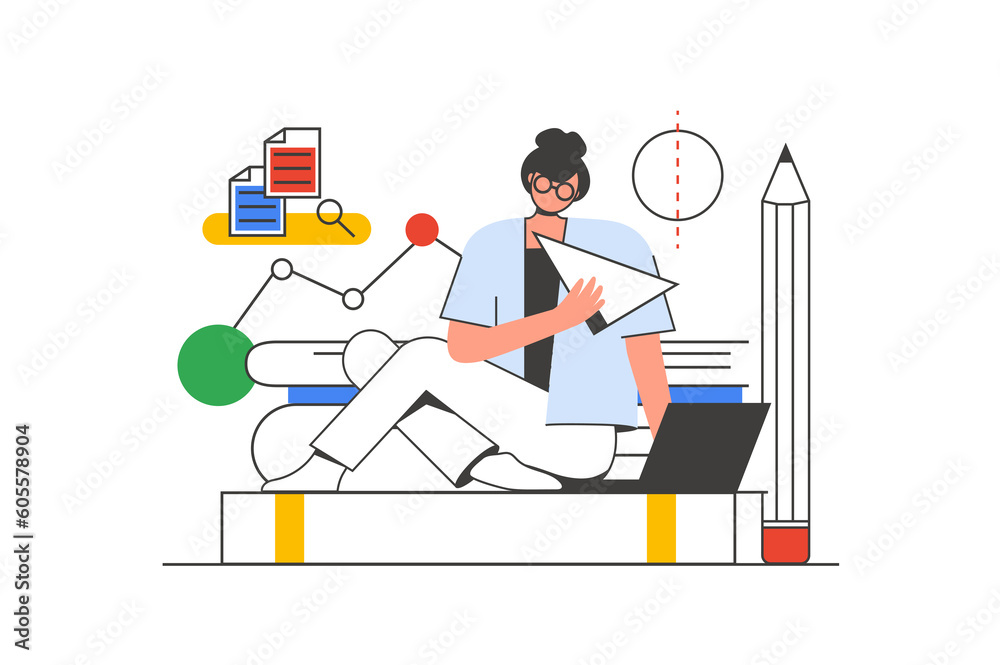 Back to school outline web concept with character scene. Student studying online and making homework. People situation in flat line design. Illustration for social media marketing material.