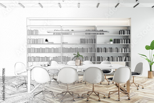 Realized from sketch modern conference room interior design with white meeting table and chairs around on wooden floor on light wall background with full bookshelf. 3D rendering