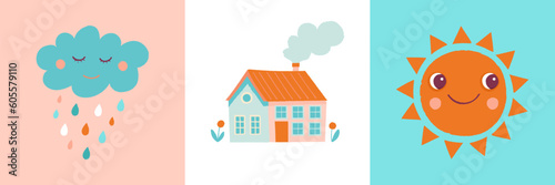 Vector cartoon illustration in simple childish style with house- nursery room print template, design element for greeting card or stationery for kids and children - happy cartoon character