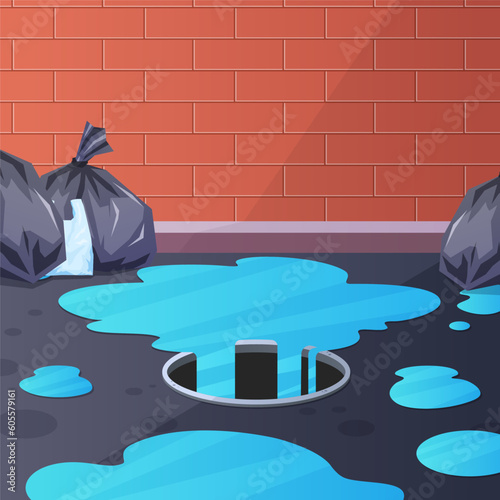 Illustration of water entering a manhole with a pile of garbage