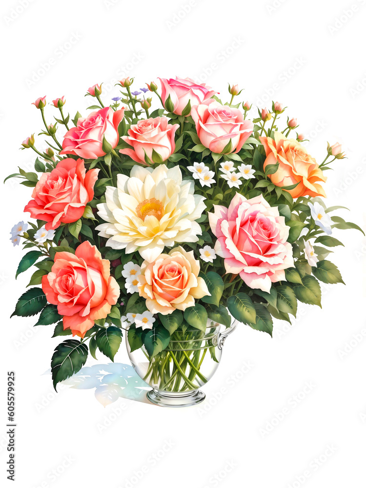 Fototapeta premium Colorful roses on white background, watercolor style. Generative AI