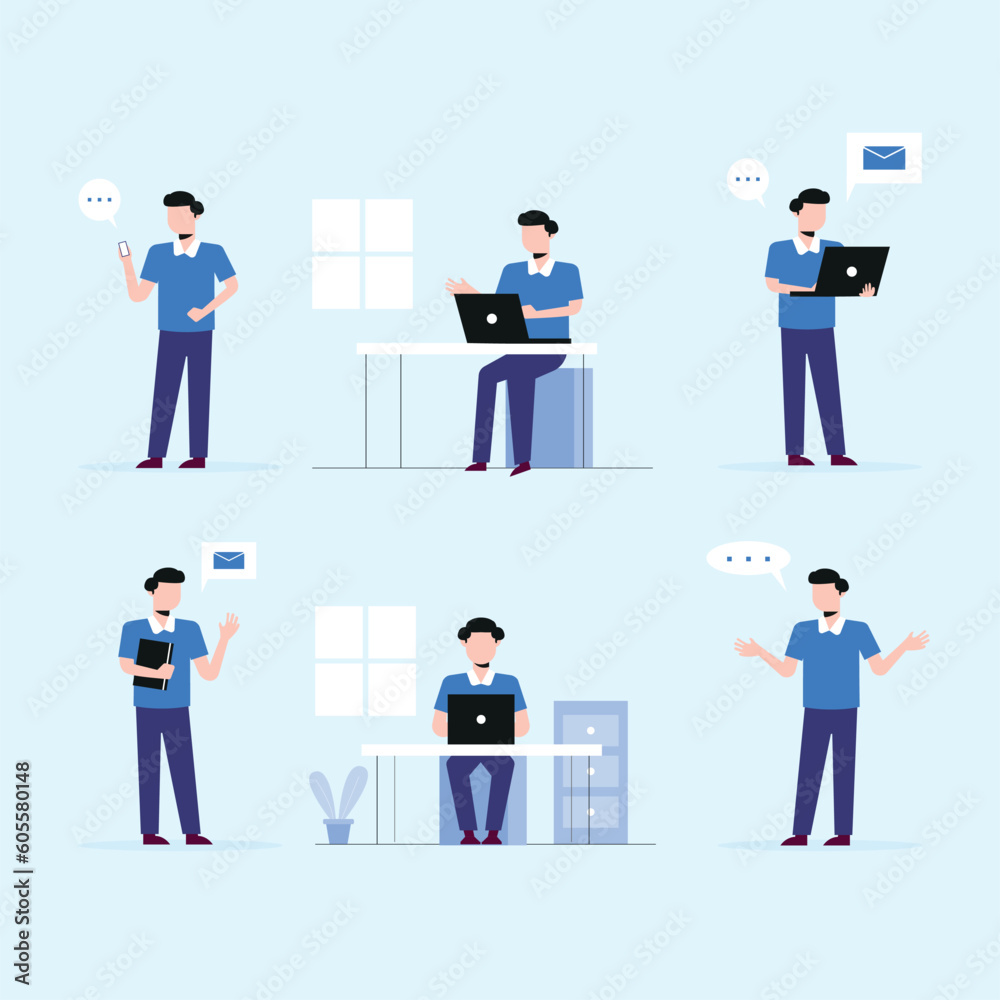 set of a man working in a home office. Freelance concept, online business. flat illustration of character with laptop or phone in comfortable workplace blue background. set of a man working in a home office. Freelance concept, online business. flat illustration of character with laptop or phone in comfortable workplace blue background.