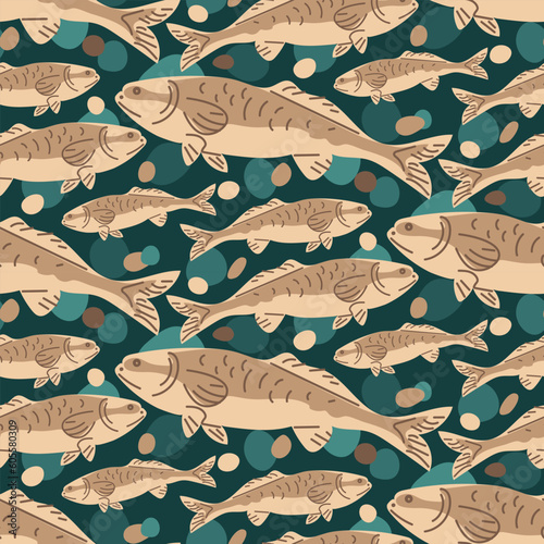 A pattern of huge beige fish swimming underwater with air bubbles on a blue background. Cartoon vector illustration with repeating fish in vintage style. Printing on textiles and paper