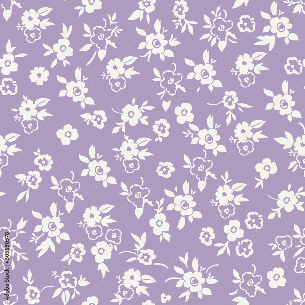 Cute floral pattern in a small flower. Seamless vector texture. An elegant template for fashionable prints. Print with small white and blue flowers on a purple background.