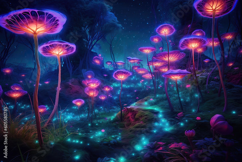 beautiful field of magical glowing flowers, colorful fantasy art, Generative AI