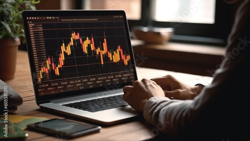 Finance trade manager analyzing stock market indicators for best investment strategy with Generative AI.