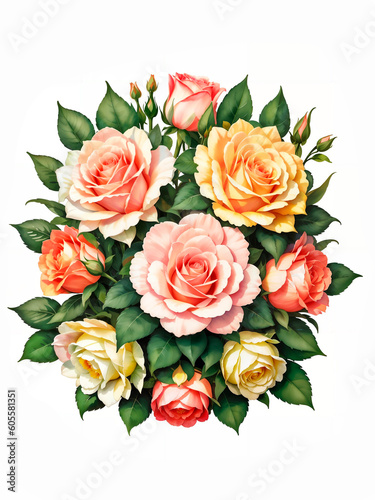 Colorful roses on white background, watercolor style. Bud and flowers of roses on white background, watercolor hand drawing, botanical painting