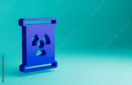 Blue Radioactive waste in barrel icon isolated on blue background. Toxic refuse keg. Radioactive garbage emissions, environmental pollution. Minimalism concept. 3D render illustration
