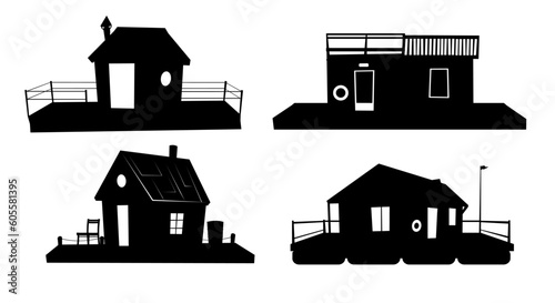 Set of Floating house. Silhouette design. Dwelling with small courtyard on water. Isolated on white background. illustration vector.