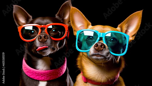 Chihuahuas wearing colorful sunglasses with Generative AI. © Tech Hendra
