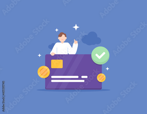 secure transactions and payments. virtual account. media or payment method. security and protection. a business person and a credit or debit card. illustration concept design. vector elements