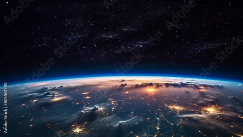 At night viewed from space with city lights showing human activity with Generative AI.