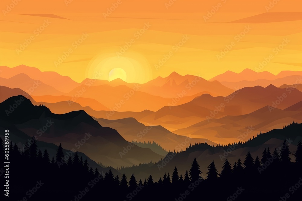 silhouette of mountains at sunrise in orange shades., generative ai, silhouette of mountains at sunrise in orange shades., generative ai,