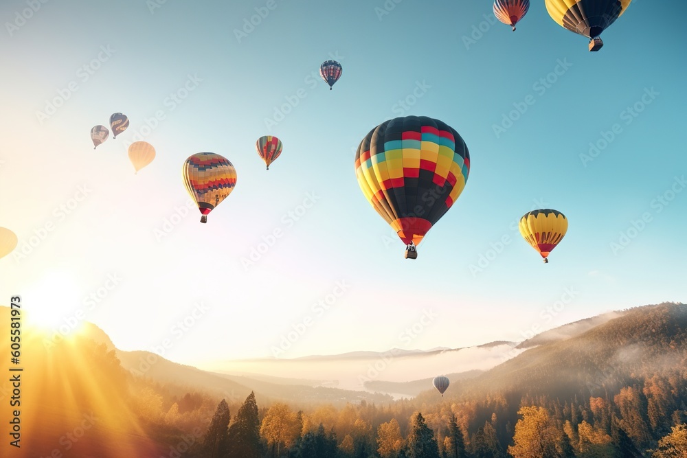 Obraz premium many hot air balloons in the sky over the mountains at sunrise, generative ai,