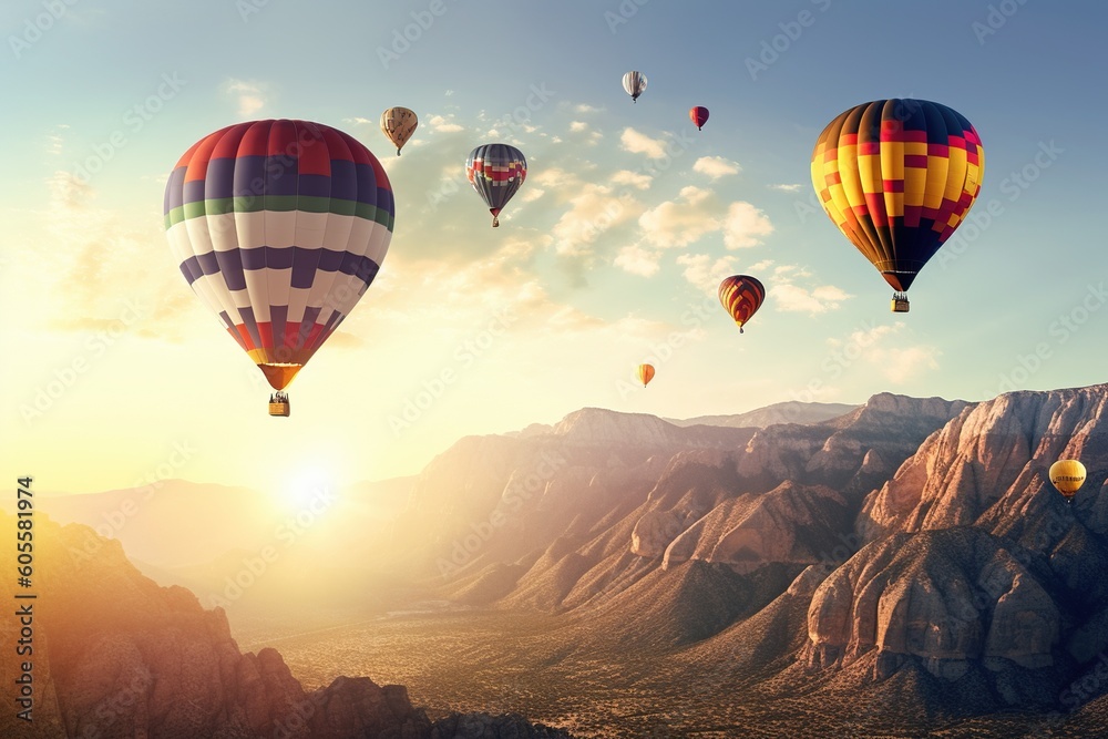 many hot air balloons in the sky over the mountains at sunrise, generative ai,