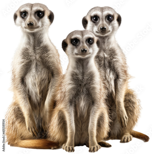African meerkat family standing isolated on a white background, generative AI animal