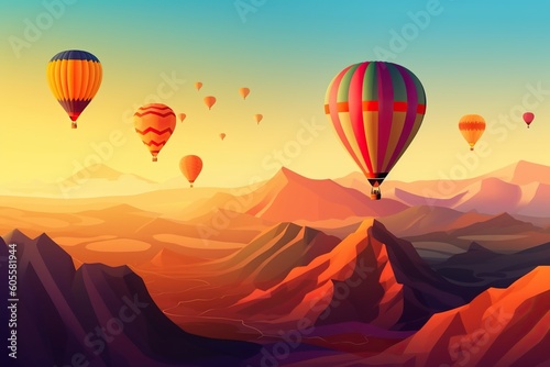 many hot air balloons in the sky over the mountains at sunrise, generative ai,