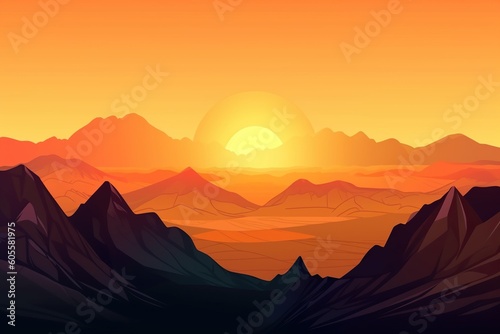 silhouette of mountains at sunrise in orange shades.  generative ai 