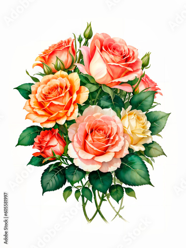 Colorful roses on white background, watercolor style. Bud and flowers of roses on white background, watercolor hand drawing, botanical painting