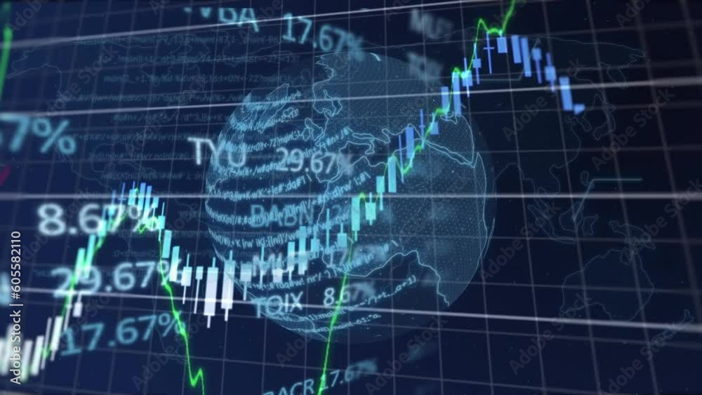 Animation of financial and stock market data processing against spinning globe and world map Animation of financial and stock market data processing against spinning globe and world map