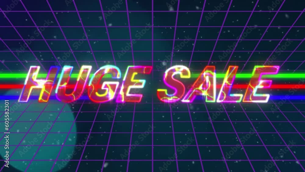 Animation of lighting effect over huge sale text banner over grid network against spots of light Animation of lighting effect over huge sale text banner over grid network against spots of light