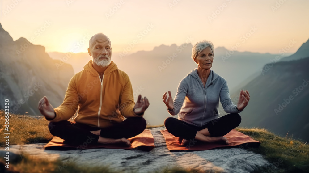 Mature Couple Practice Yoga the Concept of Healthy Lifestyle in Advanced Age Generative AI Digital Art Illustration Background Journal