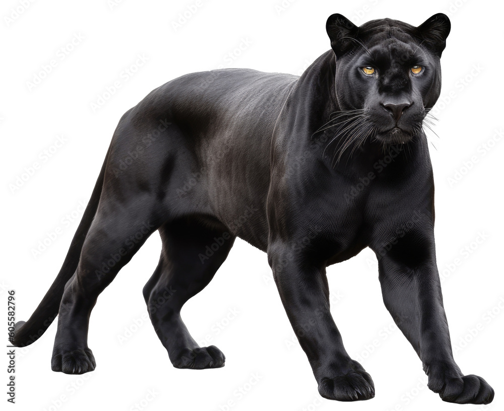 Wild standing black panther isolated on a white or transparent
