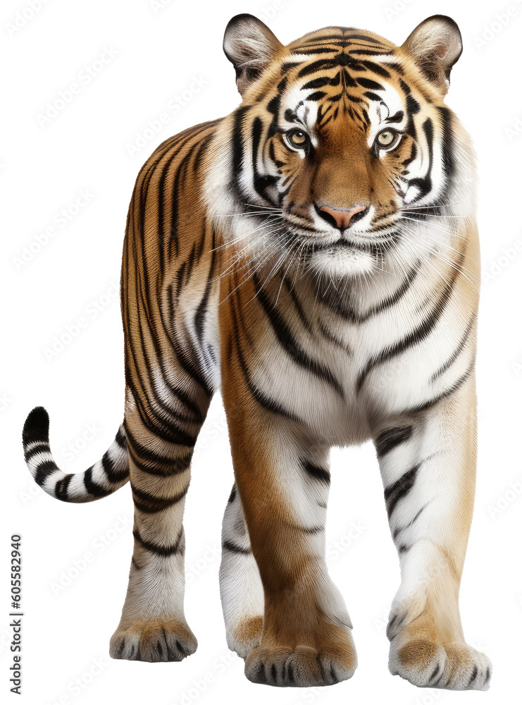 Wild asian bengal tiger isolated on a white background as transparent PNG, generative AI animal