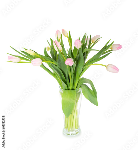 Bouquet of pink tulips in a clear vase