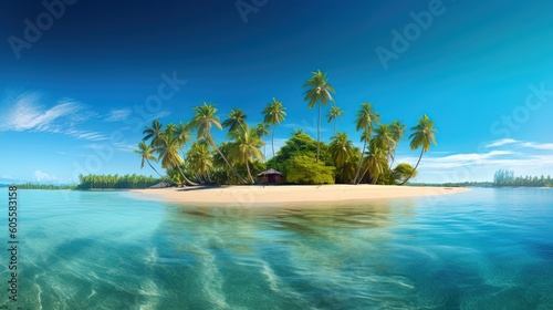 Beautiful tropical island with palm trees and beach panorama as background image