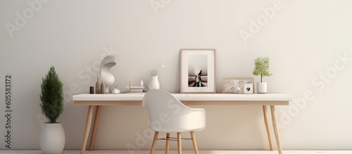 Workspace at home office. White table minimal mockup. © Savinus