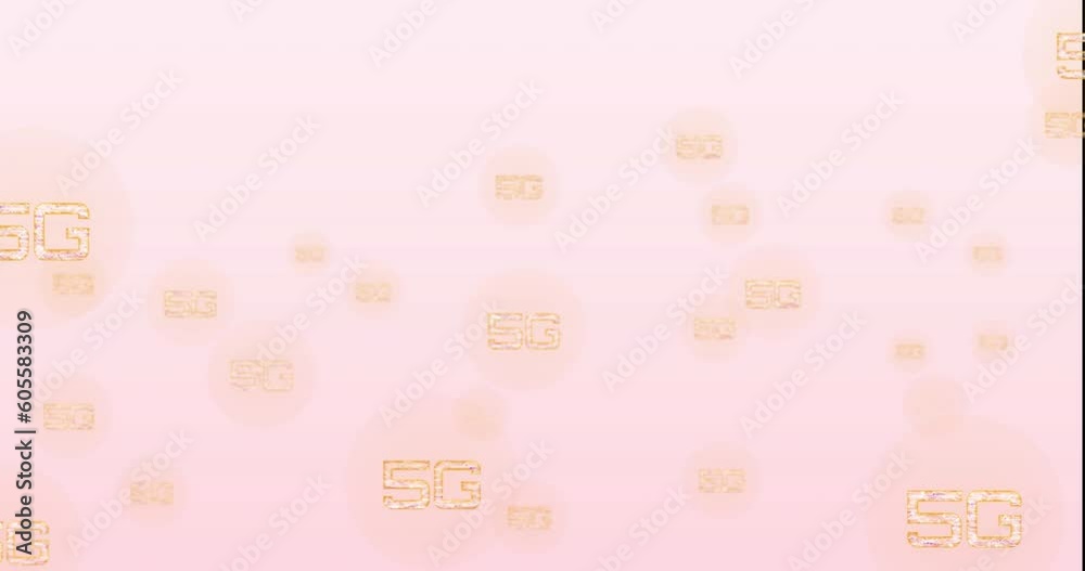 Animation of multiple 5g text banners floating against pink gradient background Animation of multiple 5g text banners floating against pink gradient background