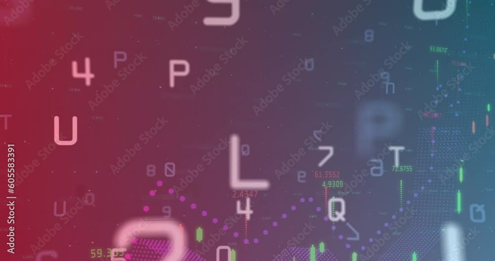 Animation of changing numbers and alphabets against financial data processing on gradient background Animation of changing numbers and alphabets against financial data processing on gradient background