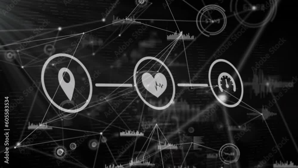 Animation of digital icons, network of connections and data processing against black background Animation of digital icons, network of connections and data processing against black background