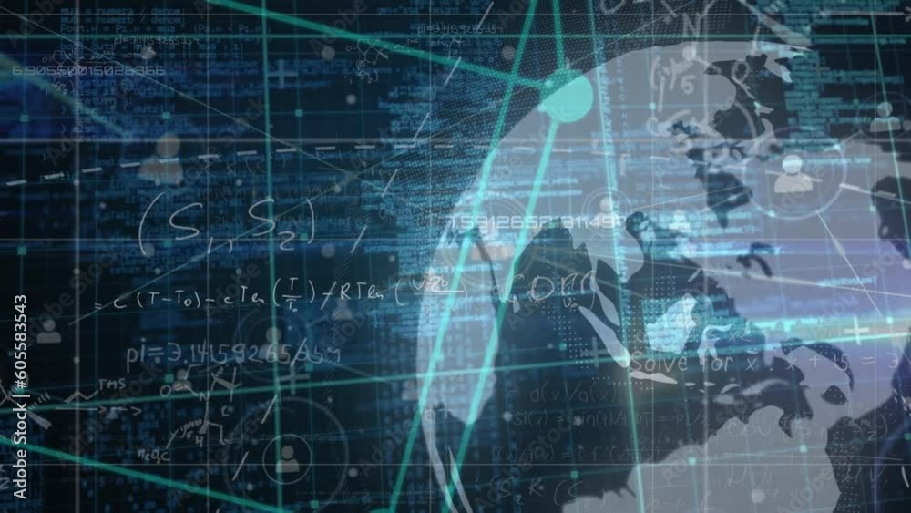 Animation of mathematical equations, network of profile icons and spinning globe on blue background Animation of mathematical equations, network of profile icons and spinning globe on blue background