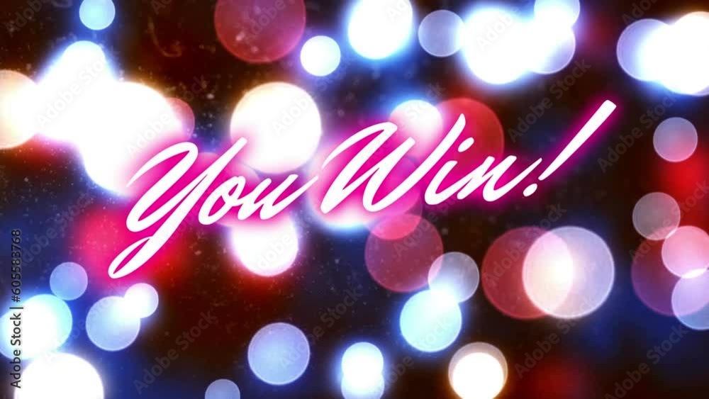 Animation of you win neon text over spot lights
