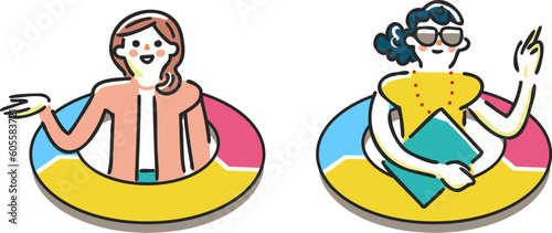 サイクル図から顔を出し説明している女性ビジネスパーソン　セット　イラスト素材
