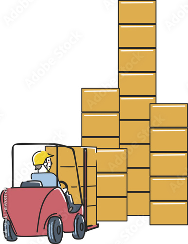 フォークリフトで荷物を運ぶ作業員　イラスト素材
