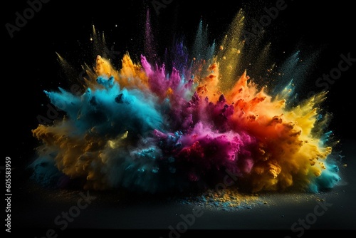 Vibrant powder explosion on black backdrop with colors yellow, green, blue, violet, red, and white. Generative AI