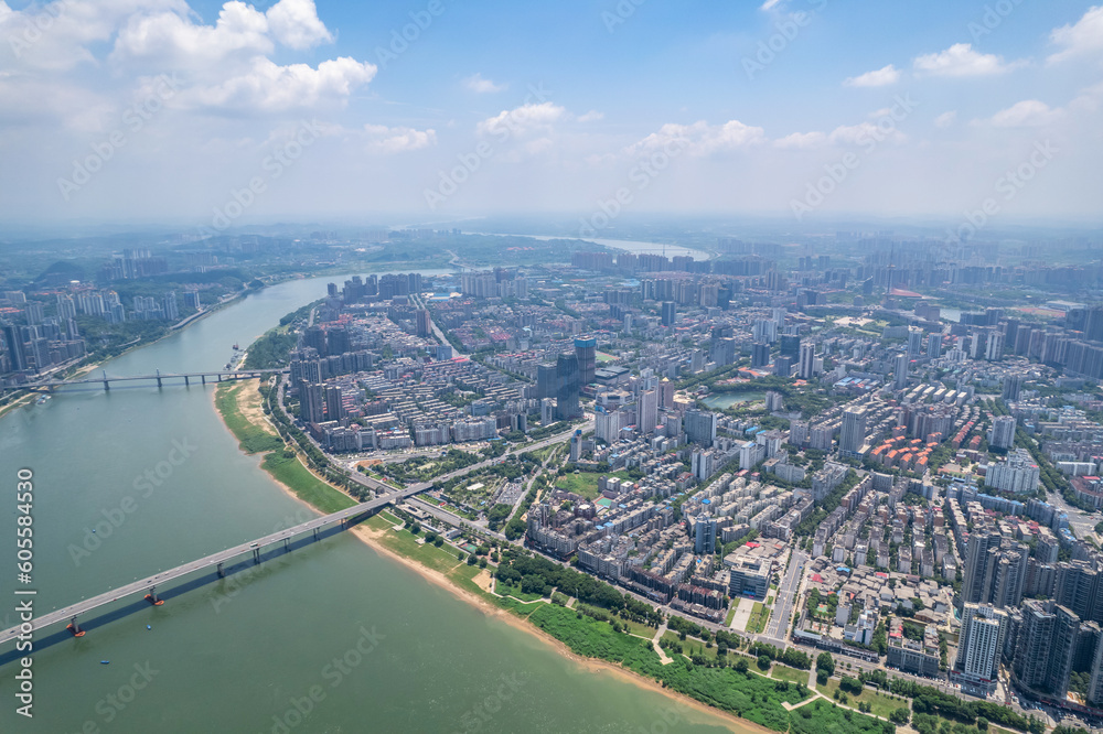 Aerial photography of city scenery on both sides of the Xiangjiang River in Zhuzhou, China