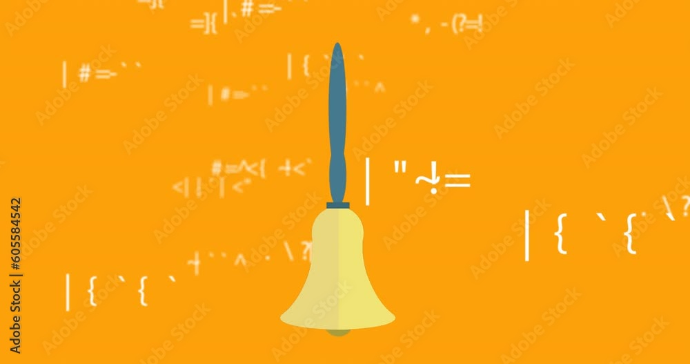 Animation of bell over mathematical equations on orange background Animation of bell over mathematical equations on orange background