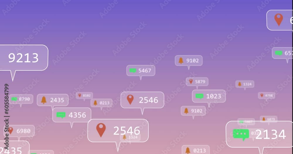 Animation of social media icons floating against purple gradient background Animation of social media icons floating against purple gradient background