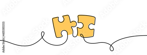Puzzle connecting combining two pieces one line style illustration
