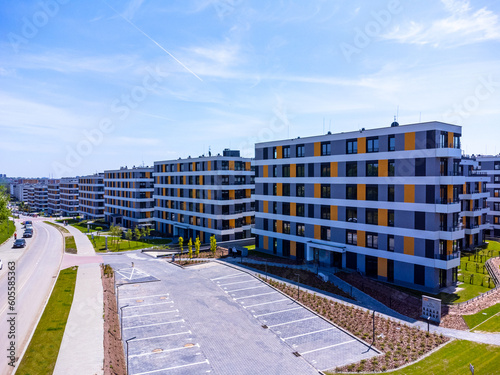 Obraz na płótnie Aerial view landscape Poland Cracow. View of modern estate and blocks of apartments, new apartments. w salonie